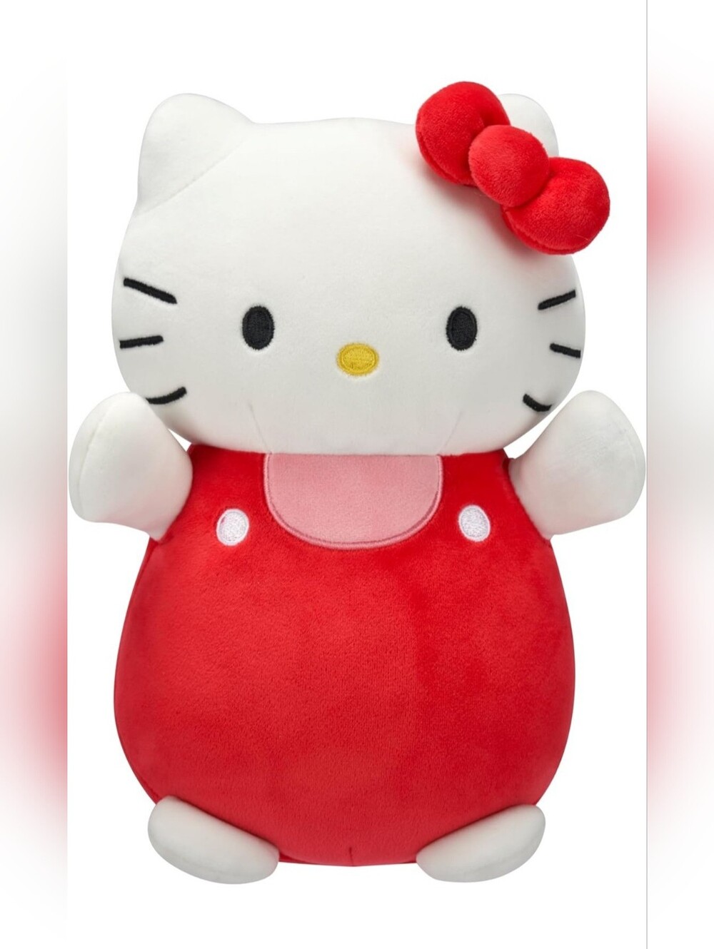 Squishmallows Original Sanrio 10-Inch Hello Kitty in Red and Pink Overalls HugMe